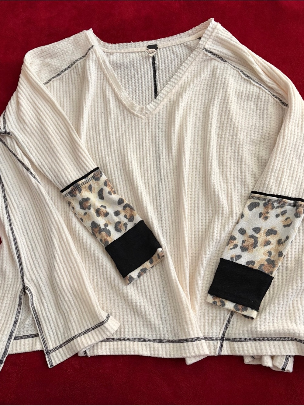 We The Free Cream Waffle Knit Long Sleeve Top with Leopard Cuffs